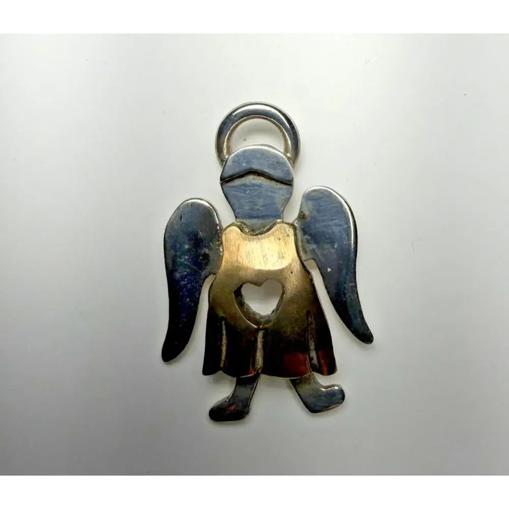 Mex925 Sterling Silver and Brass Angel Heart Pin Brooch Pendant 1 inch